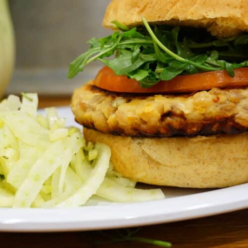 image of vegetarian chickpea burger with fennel coleslaw.