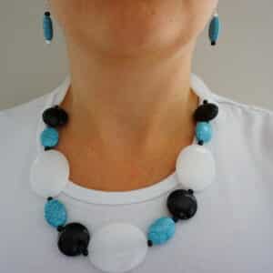 Chunky Black, White and Turquoise Necklace and Earring Set